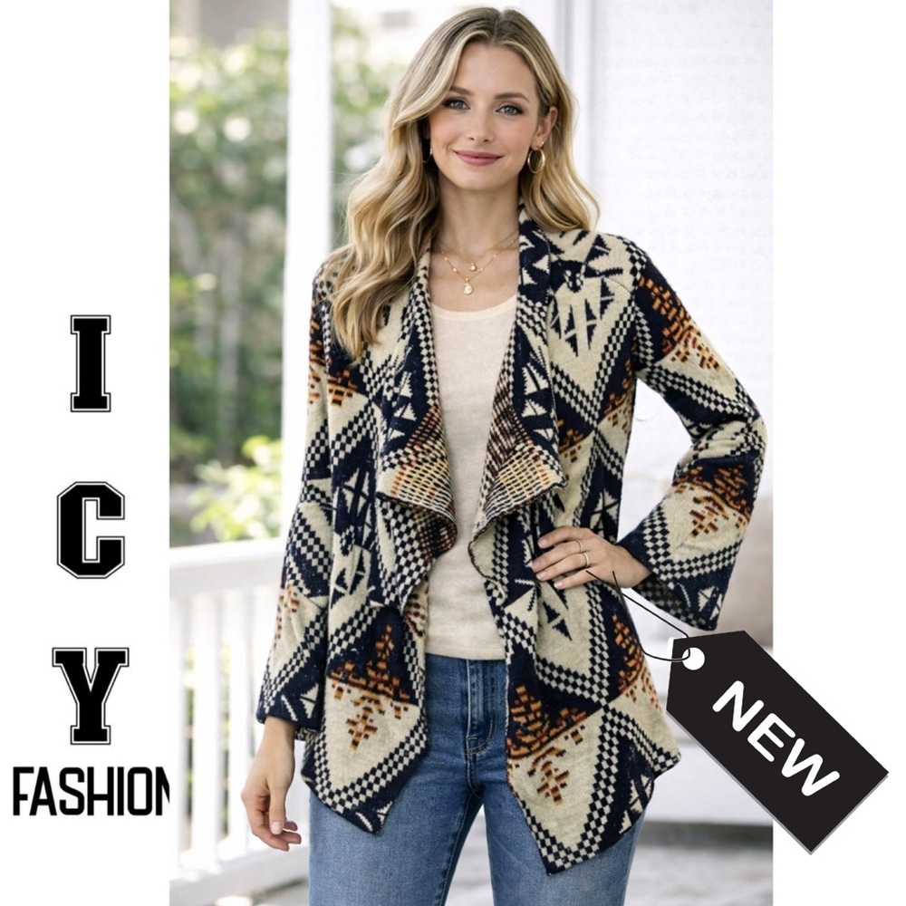 NWT Icy Fashion Sweaters Aztec Print Open Cardigan size M